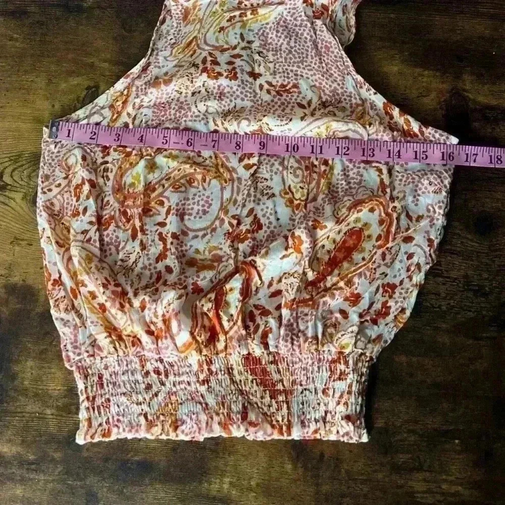 Cynthia Rowley Paisley Boho Mock Neck Smocked Waist Top in Cream/Orange, XS. NWT - Picture 8 of 9